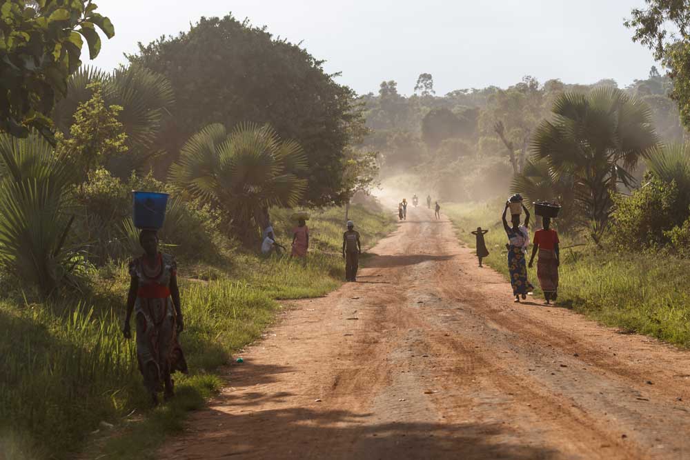 people walking on a dirt path